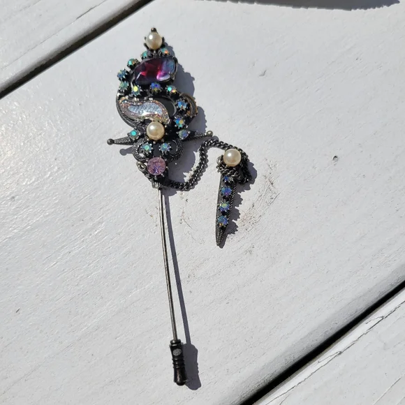 Florenza Hat Pin Stick Pin ~ Vintage ~ Victorian Revival ~ Rhinestones ~ Flaws - Picture 11 of 16